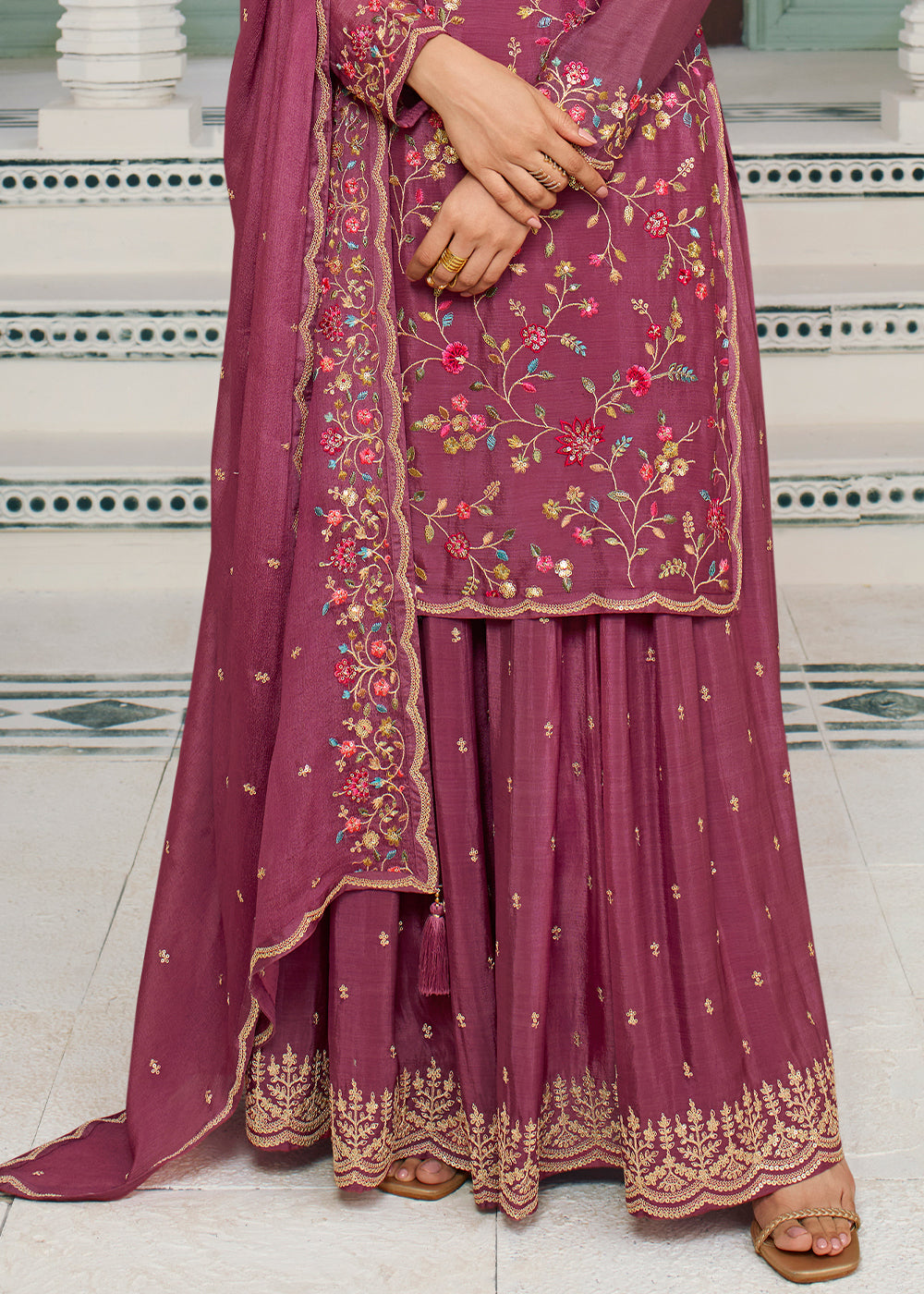 Rhubarb Purple Chinon Floral Embroidered Sharara Suit By Qivii