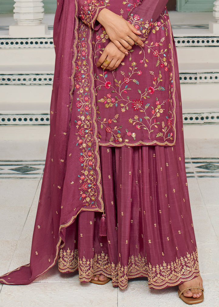 Rhubarb Purple Chinon Floral Embroidered Sharara Suit By Qivii