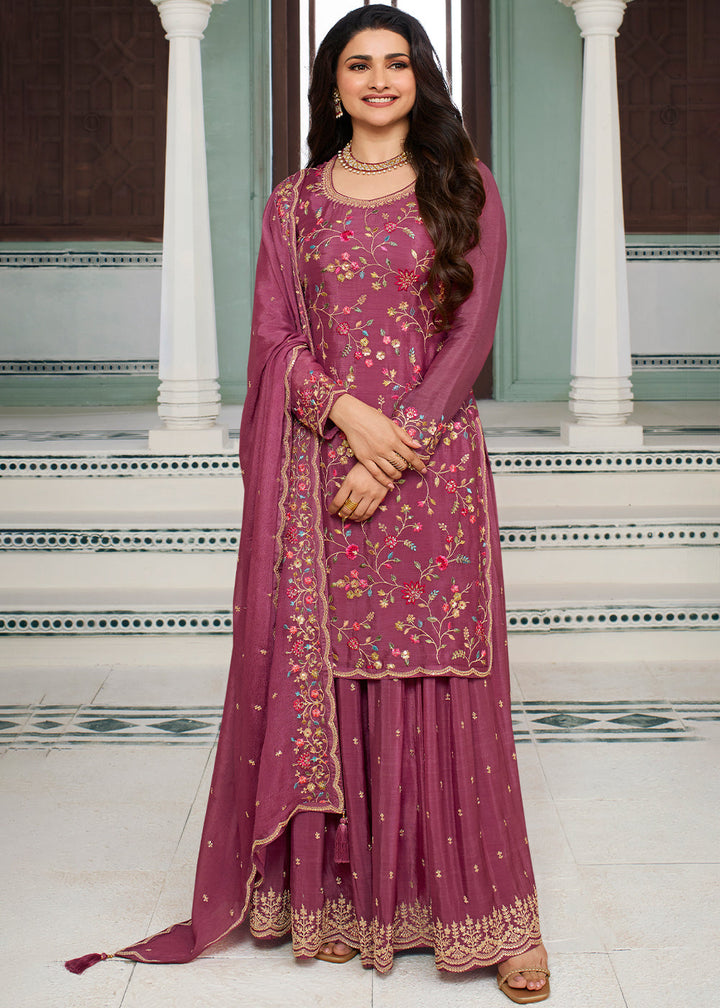 Rhubarb Purple Chinon Floral Embroidered Sharara Suit By Qivii