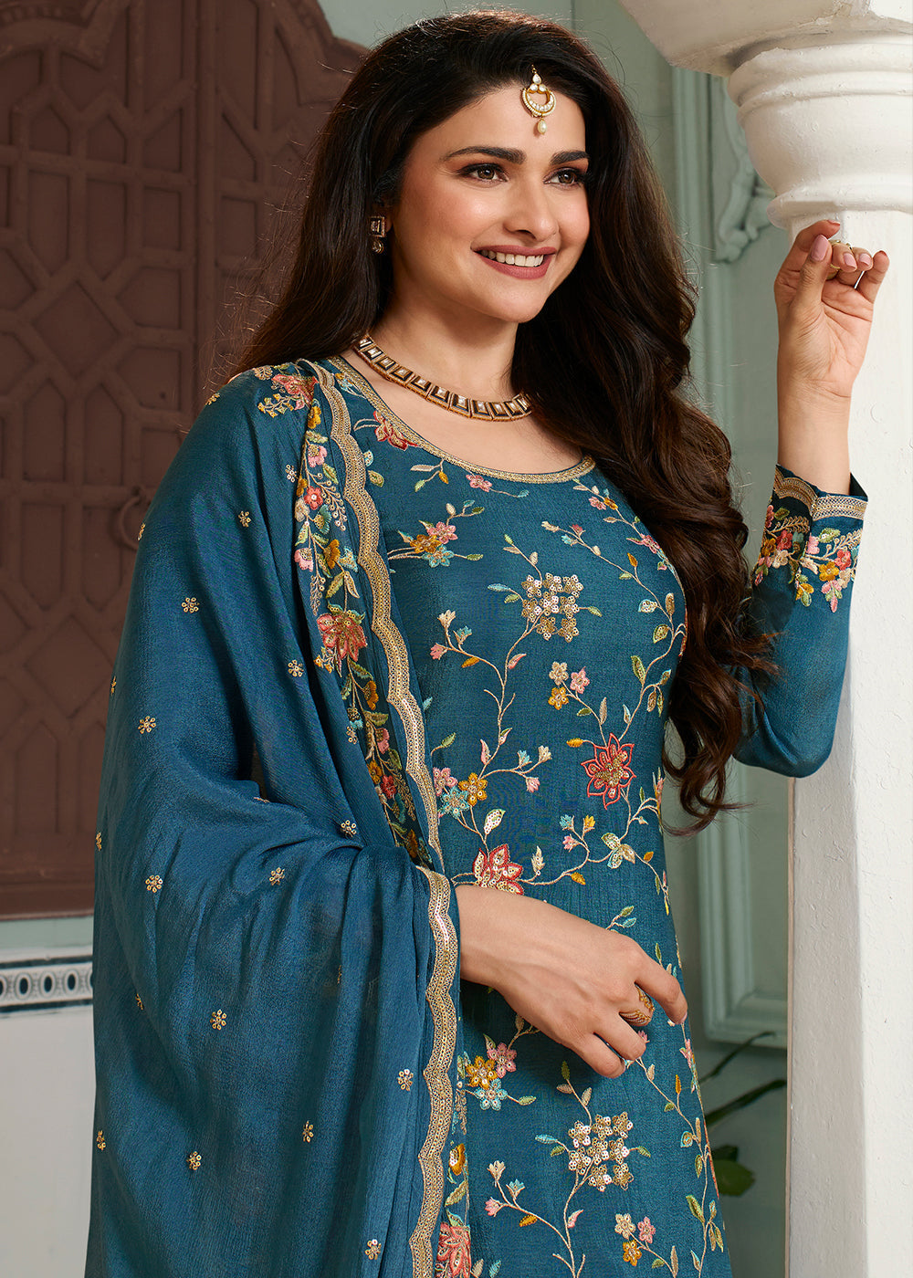 Marine Blue Chinon Floral Embroidered Sharara Suit By Qivii