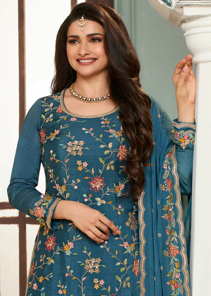 Marine Blue Chinon Floral Embroidered Sharara Suit By Qivii