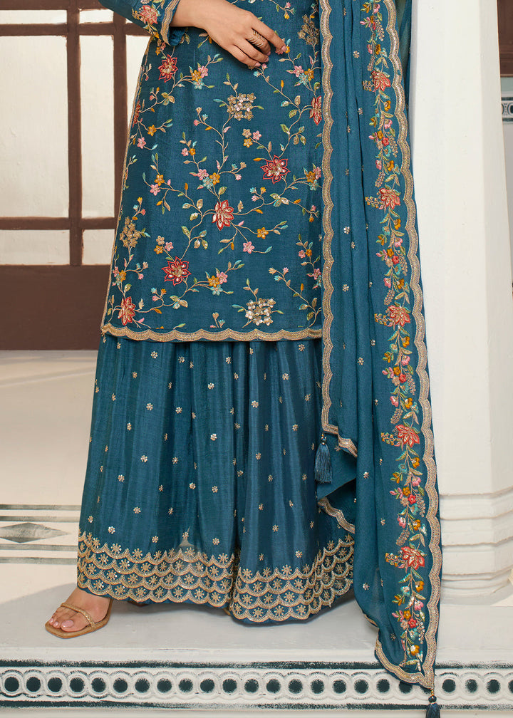 Marine Blue Chinon Floral Embroidered Sharara Suit By Qivii