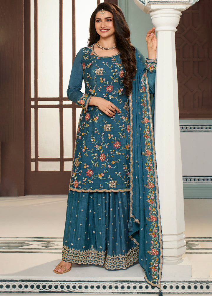 Marine Blue Chinon Floral Embroidered Sharara Suit By Qivii