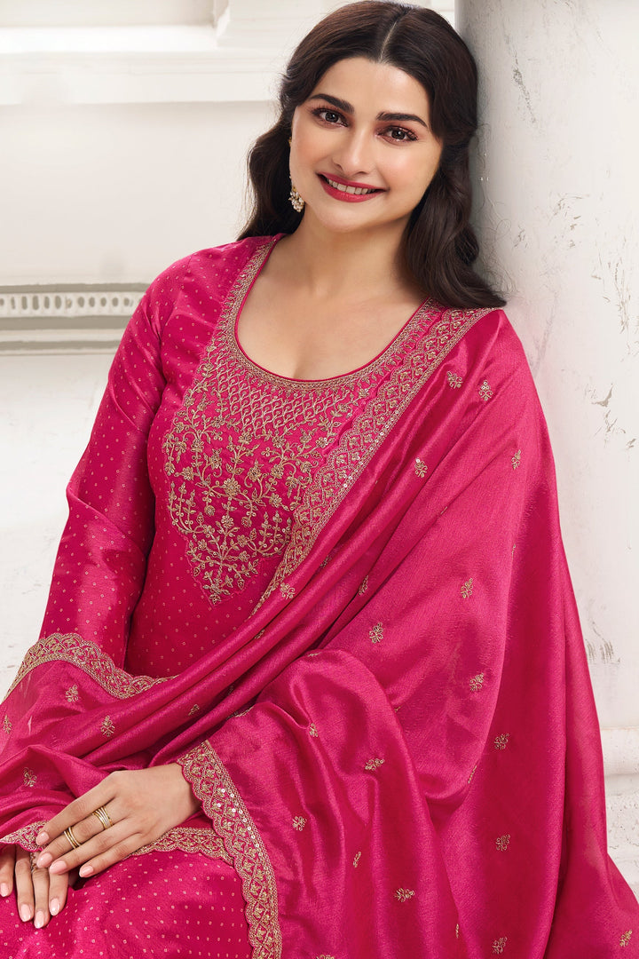 Magenta Pink Digital Printed Silk Georgette Suit with Embroidered work