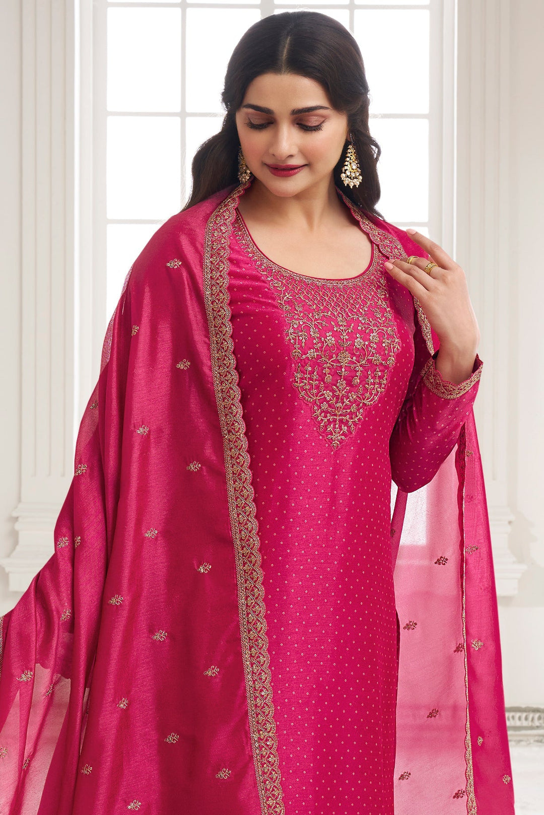 Magenta Pink Digital Printed Silk Georgette Suit with Embroidered work