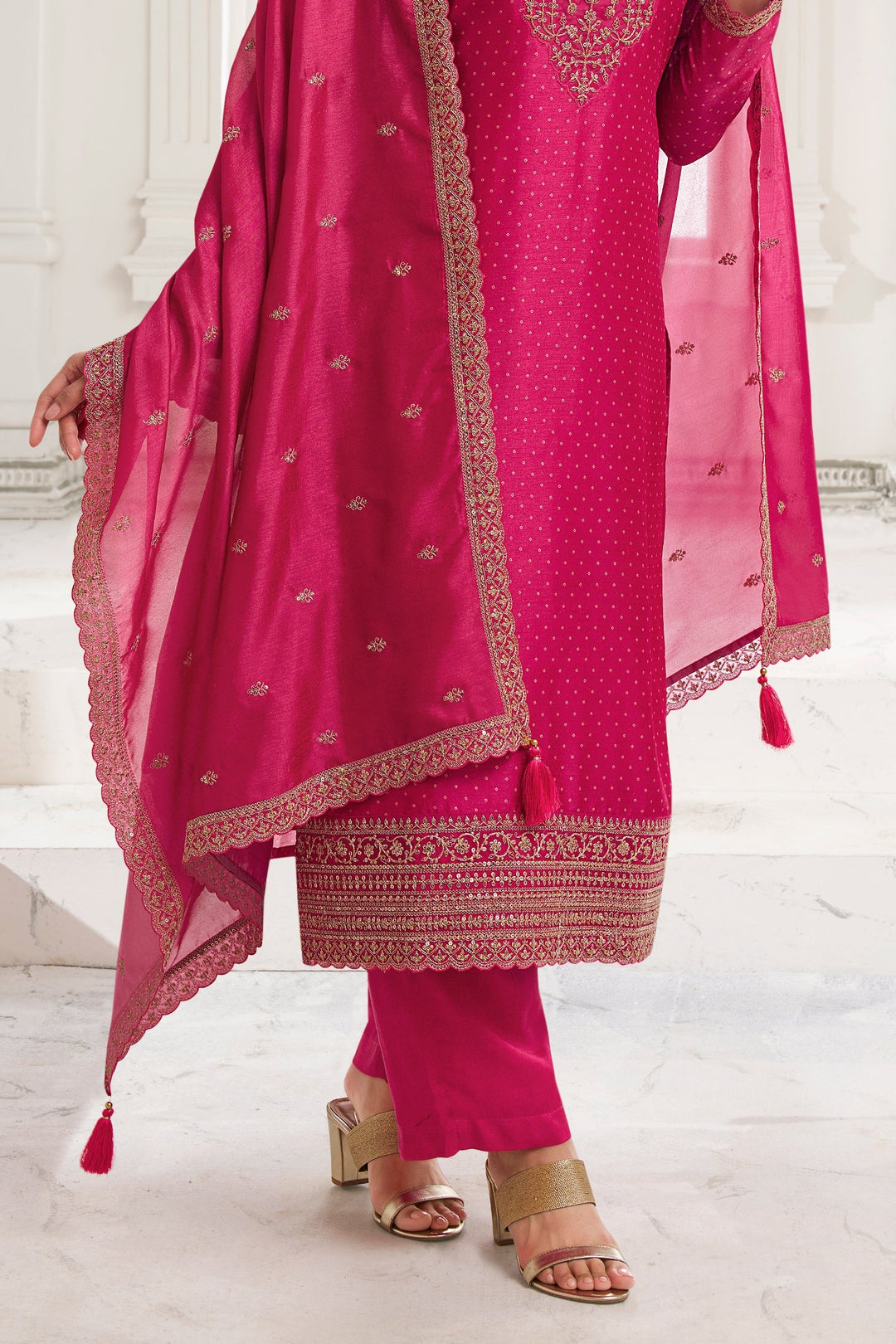 Magenta Pink Digital Printed Silk Georgette Suit with Embroidered work