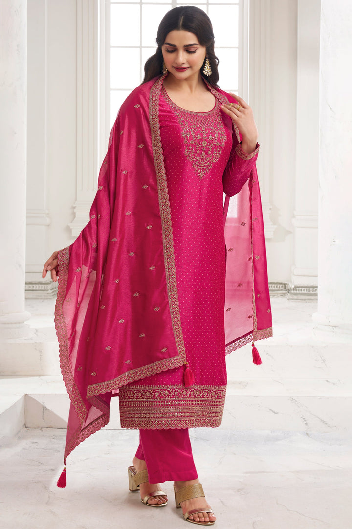 Magenta Pink Digital Printed Silk Georgette Suit with Embroidered work