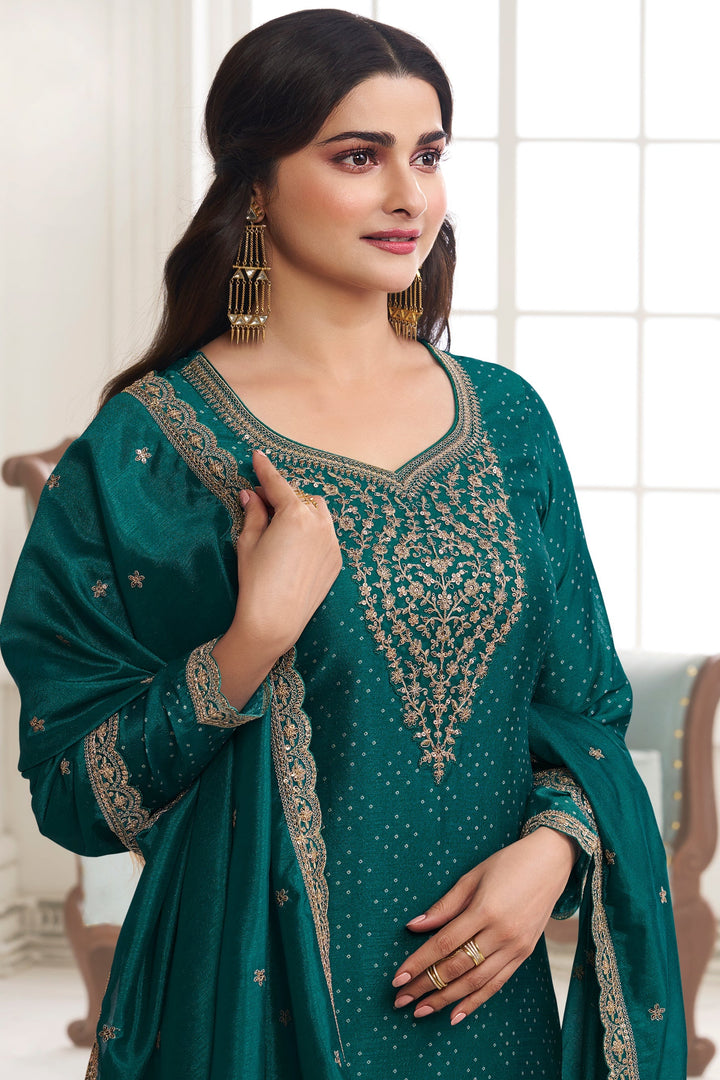 Dark Pine Green Digital Printed Silk Georgette Suit with Embroidered work