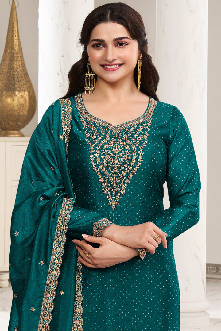 Dark Pine Green Digital Printed Silk Georgette Suit with Embroidered work