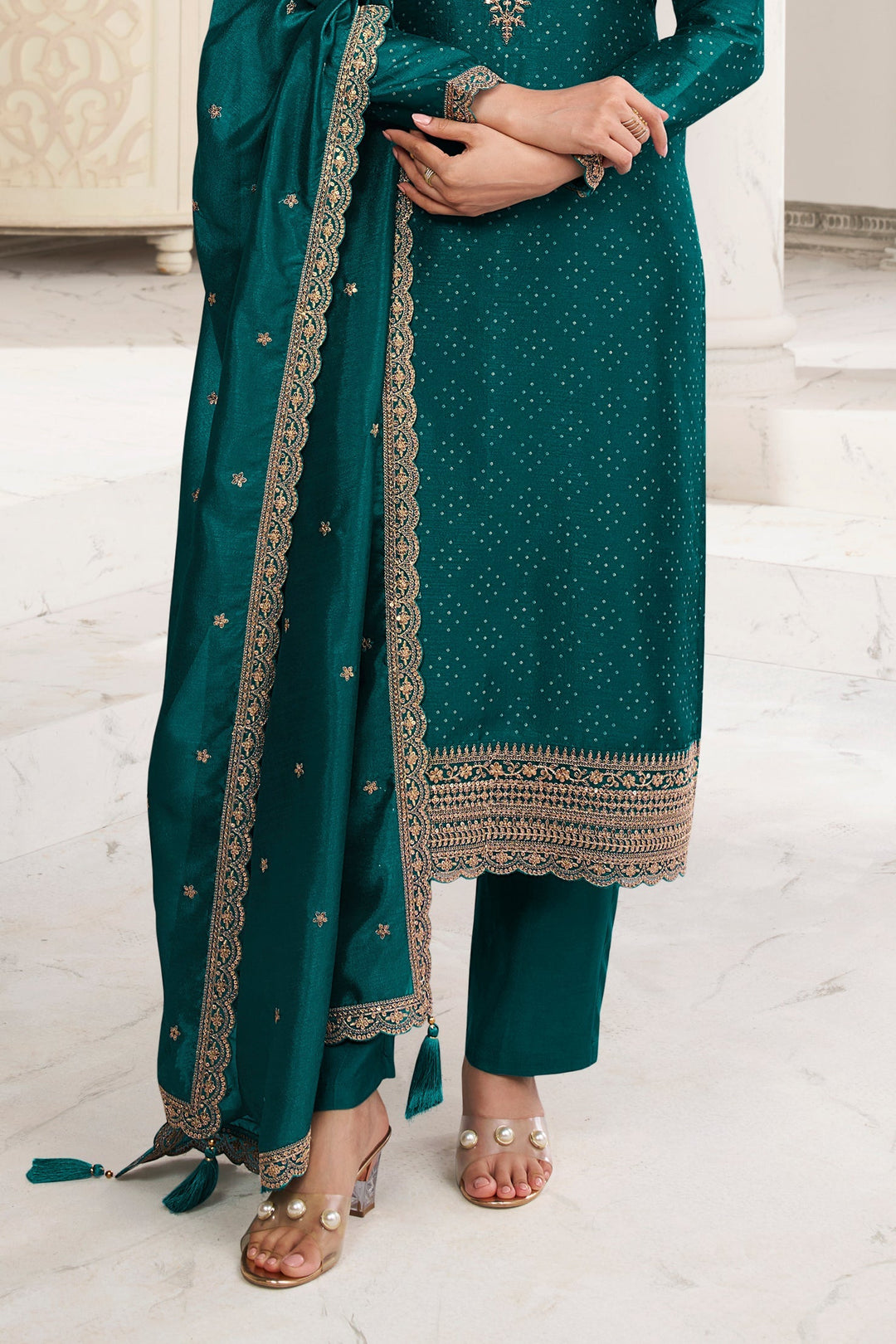 Dark Pine Green Digital Printed Silk Georgette Suit with Embroidered work