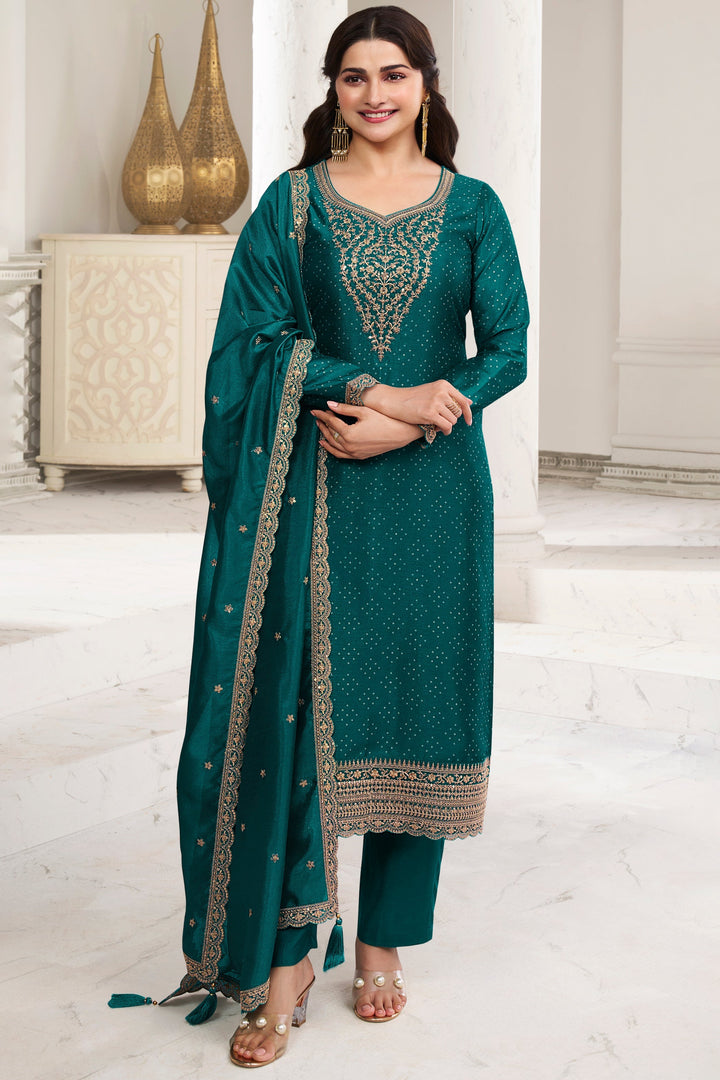 Dark Pine Green Digital Printed Silk Georgette Suit with Embroidered work