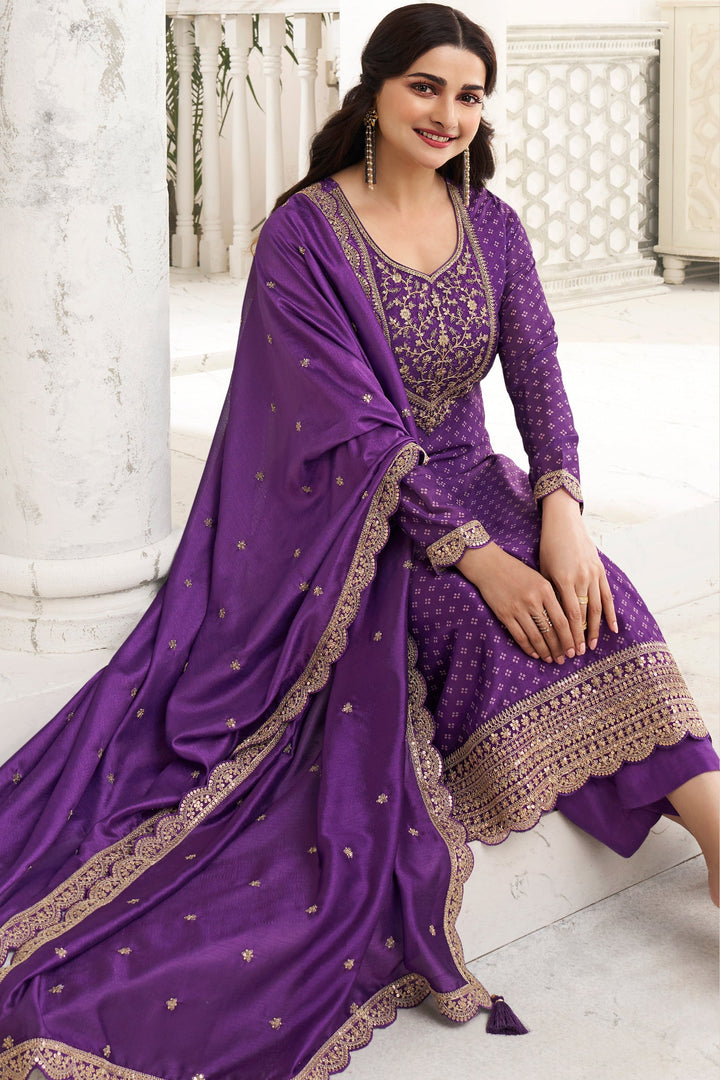 Irish Purple Digital Printed Silk Georgette Suit with Embroidered work