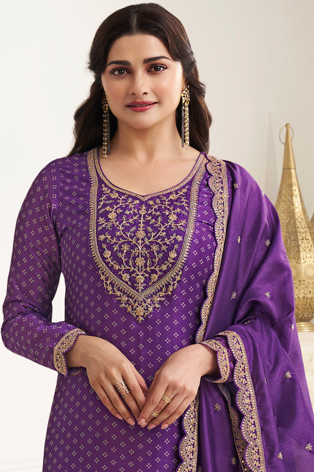 Irish Purple Digital Printed Silk Georgette Suit with Embroidered work