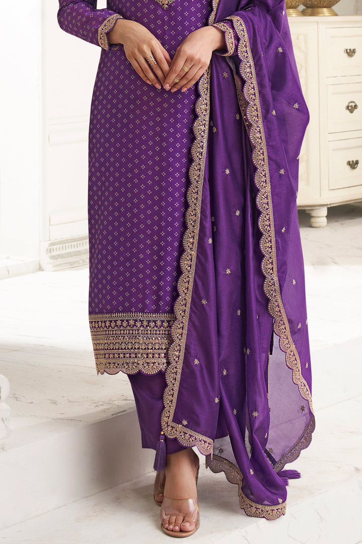 Irish Purple Digital Printed Silk Georgette Suit with Embroidered work