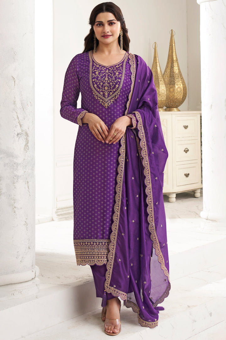 Irish Purple Digital Printed Silk Georgette Suit with Embroidered work