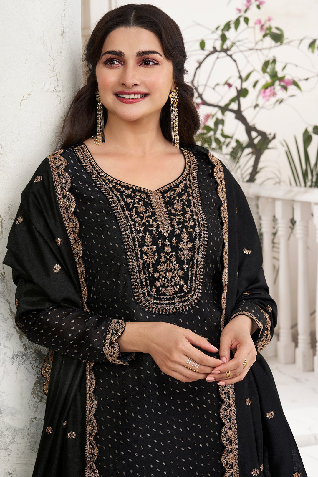 Onyx Black Digital Printed Silk Georgette Suit with Embroidered work