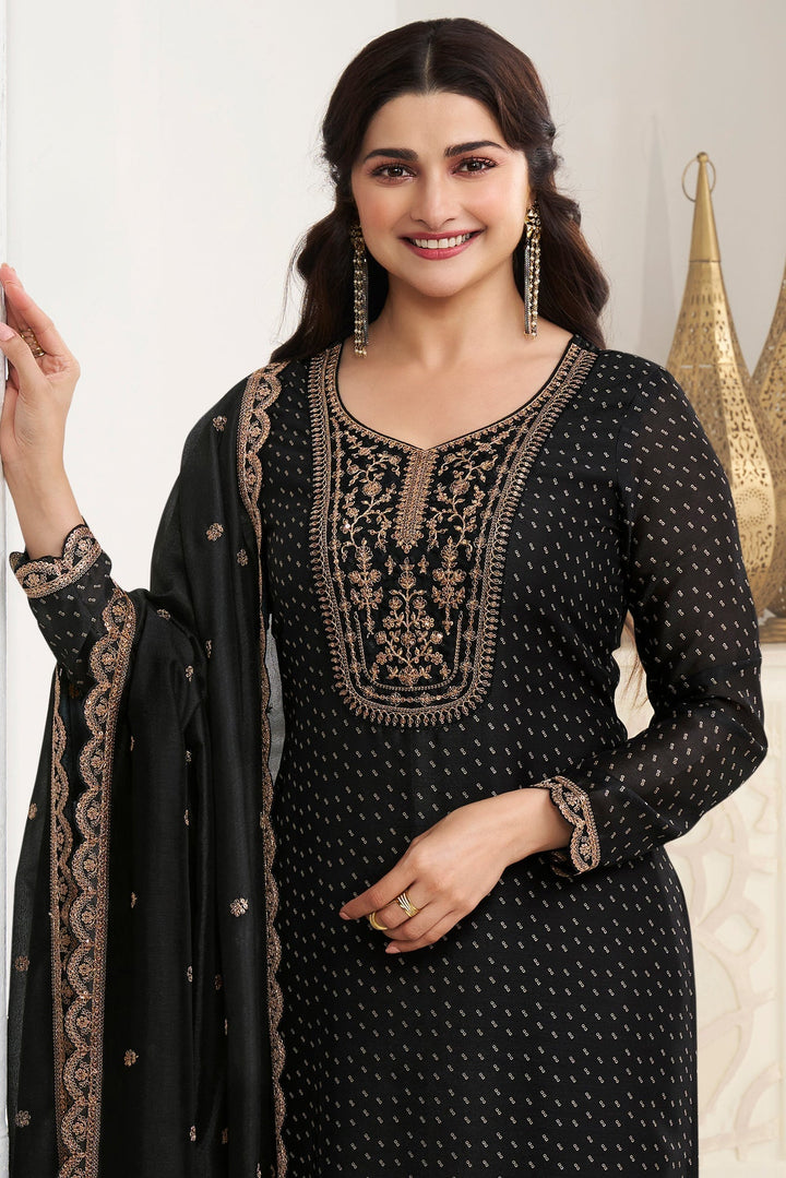 Onyx Black Digital Printed Silk Georgette Suit with Embroidered work