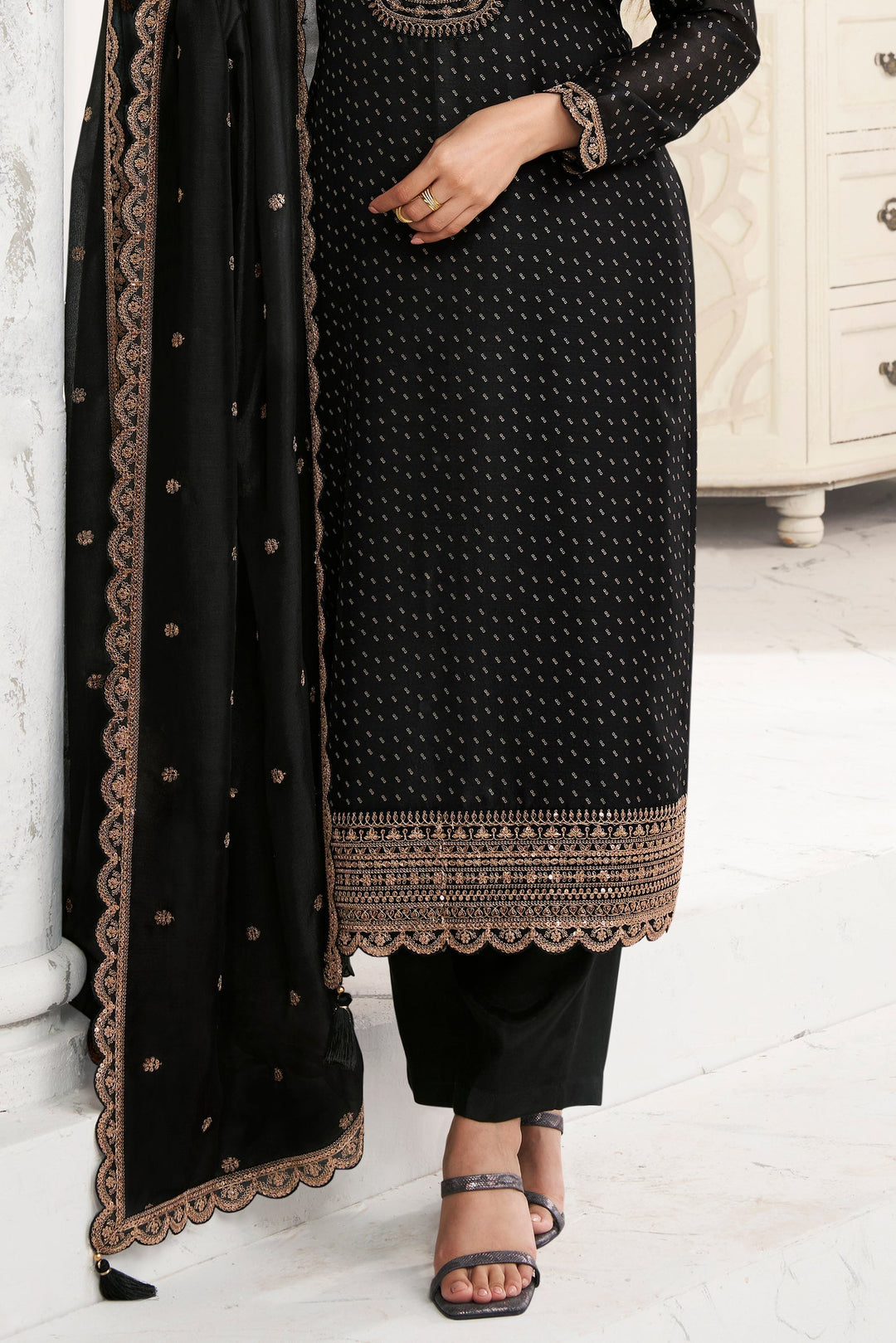 Onyx Black Digital Printed Silk Georgette Suit with Embroidered work