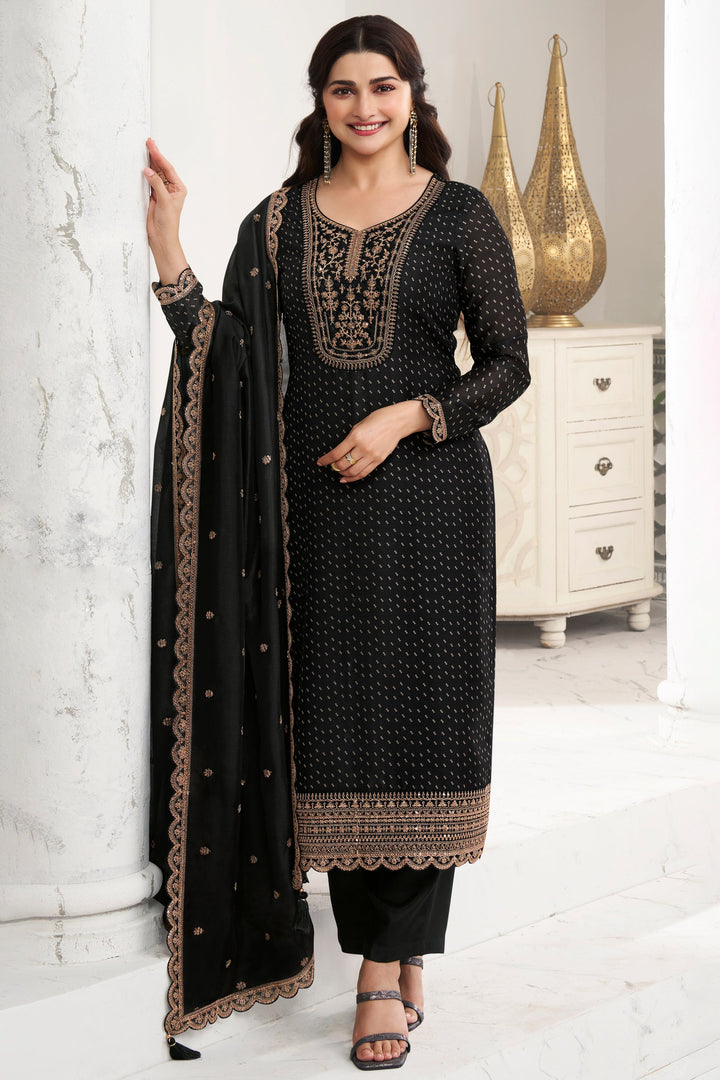 Onyx Black Digital Printed Silk Georgette Suit with Embroidered work