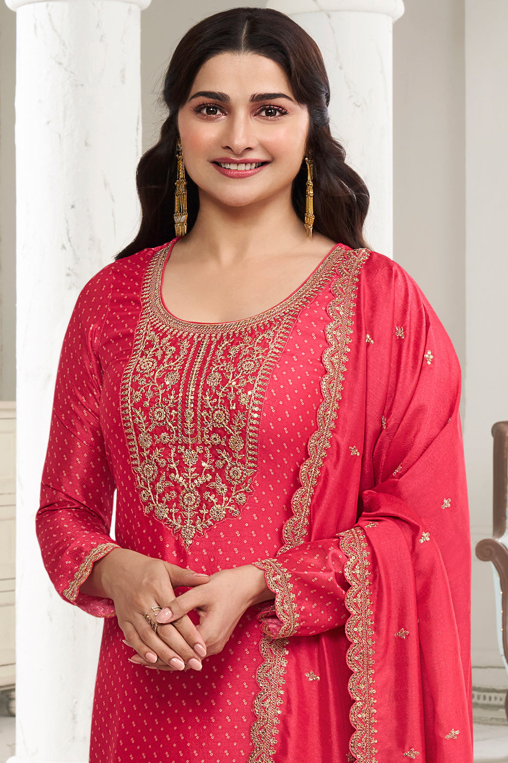 Dark Punch Pink Digital Printed Silk Georgette Suit with Embroidered work