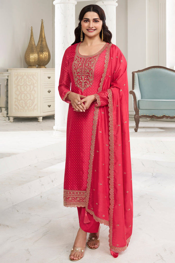 Dark Punch Pink Digital Printed Silk Georgette Suit with Embroidered work