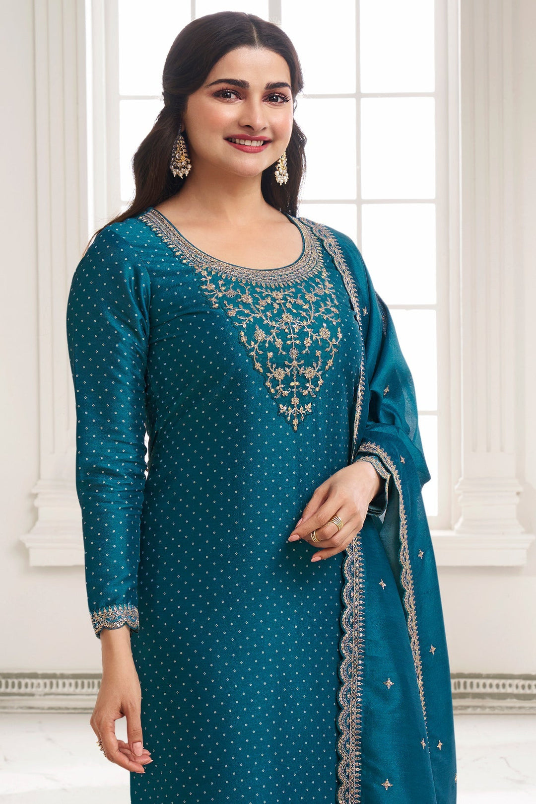 Blueberry Blue Digital Printed Silk Georgette Suit with Embroidered work