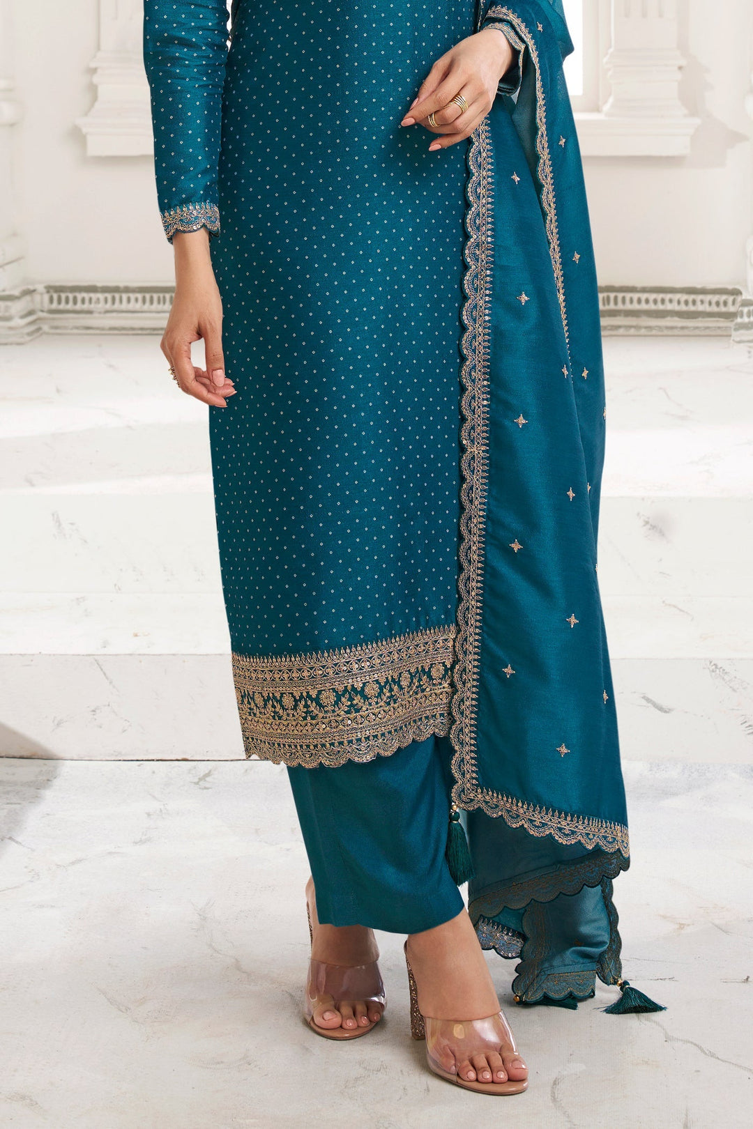 Blueberry Blue Digital Printed Silk Georgette Suit with Embroidered work