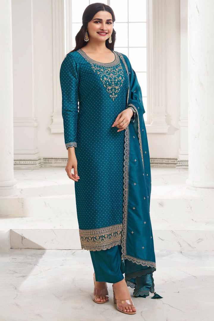 Blueberry Blue Digital Printed Silk Georgette Suit with Embroidered work