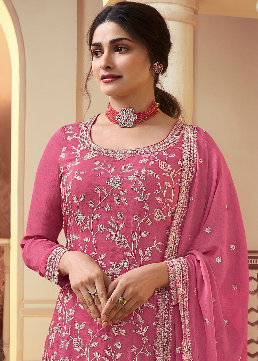 Cherry Pink Chinon Floral Embroidered Plazzo Suit By Qivii