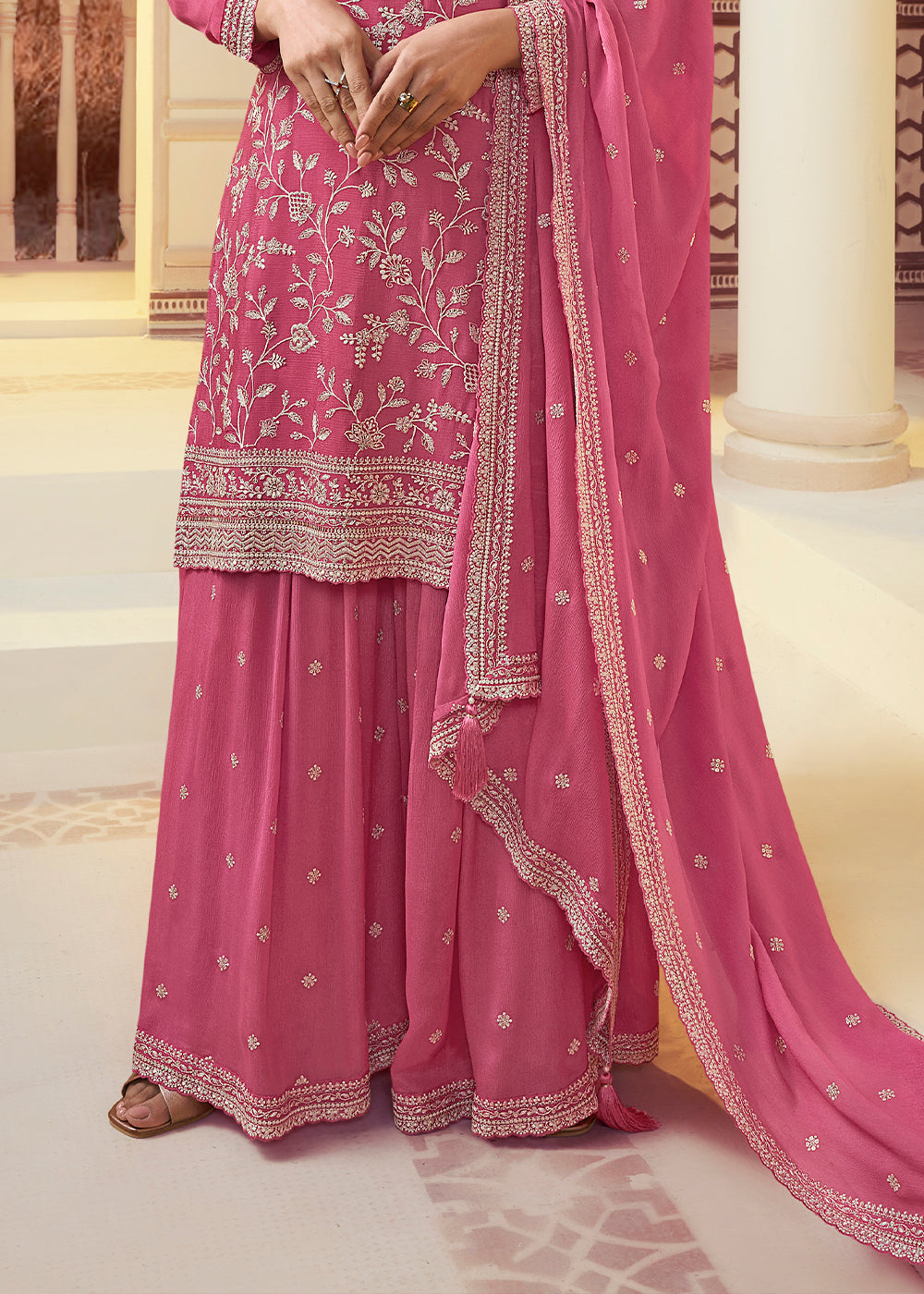 Cherry Pink Chinon Floral Embroidered Plazzo Suit By Qivii