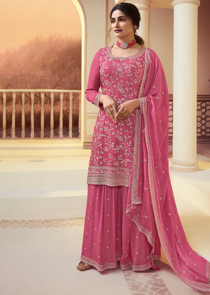 Cherry Pink Chinon Floral Embroidered Plazzo Suit By Qivii