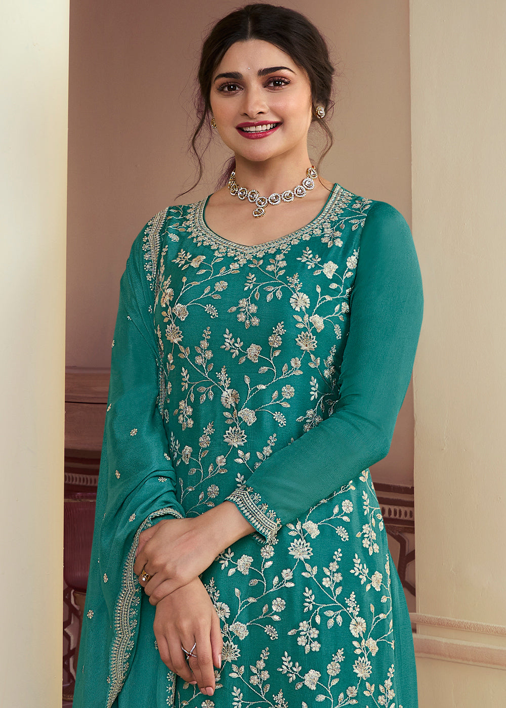 Teal Blue Chinon Floral Embroidered Plazzo Suit By Qivii