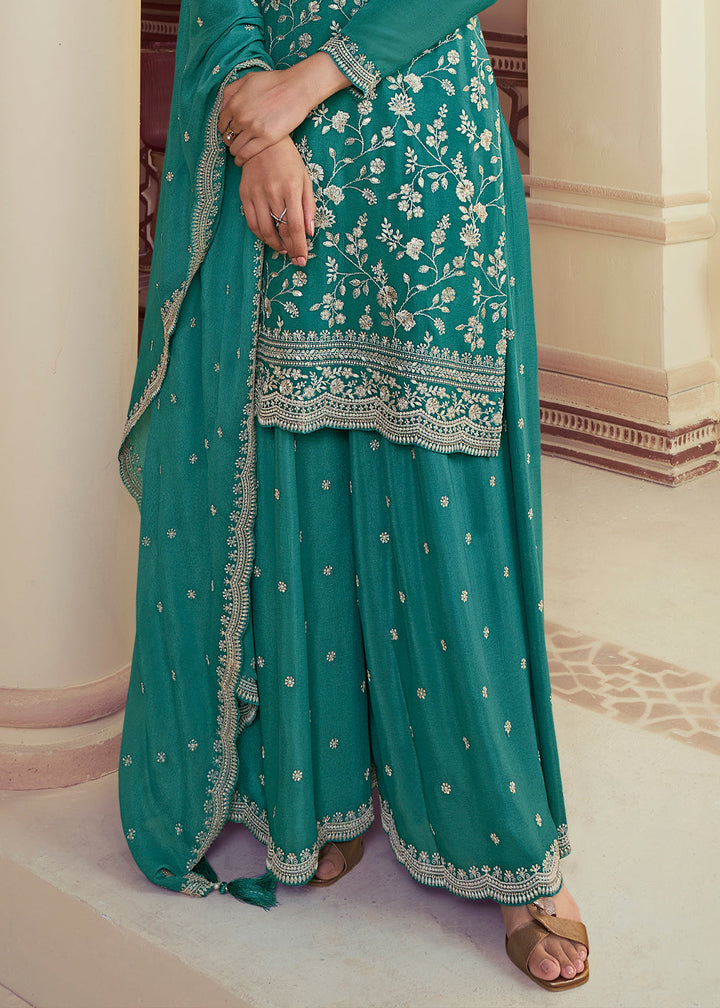 Teal Blue Chinon Floral Embroidered Plazzo Suit By Qivii