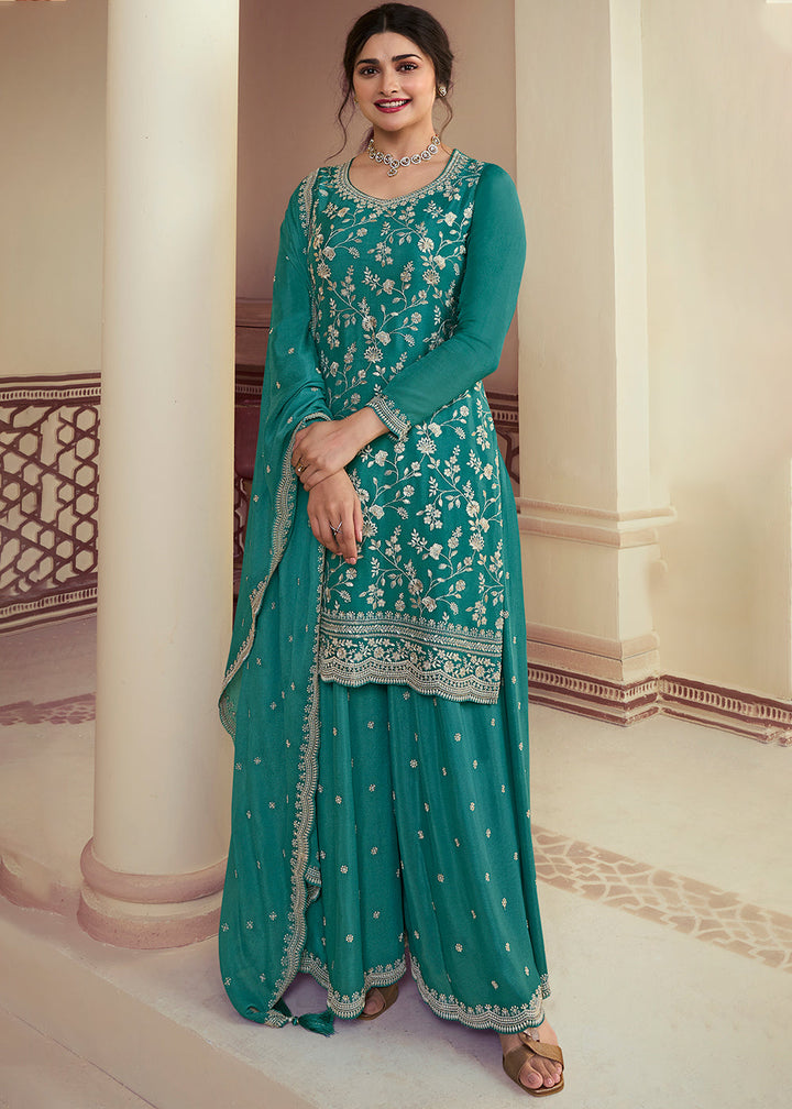 Teal Blue Chinon Floral Embroidered Plazzo Suit By Qivii