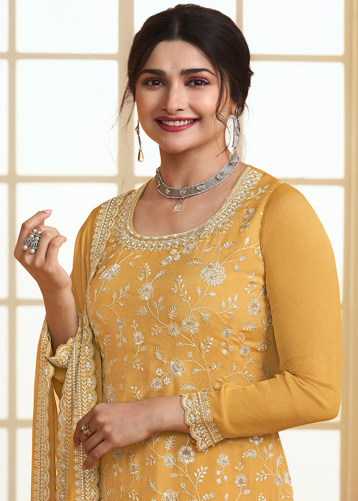 Amber Yellow Chinon Floral Embroidered Plazzo Suit By Qivii