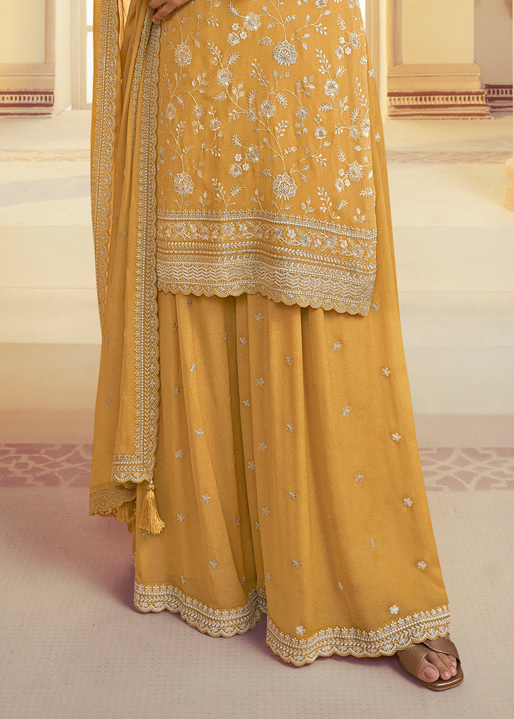 Amber Yellow Chinon Floral Embroidered Plazzo Suit By Qivii