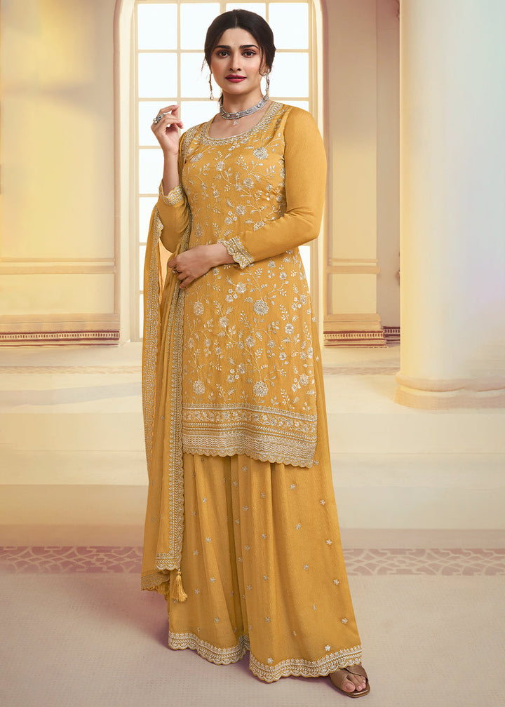 Amber Yellow Chinon Floral Embroidered Plazzo Suit By Qivii