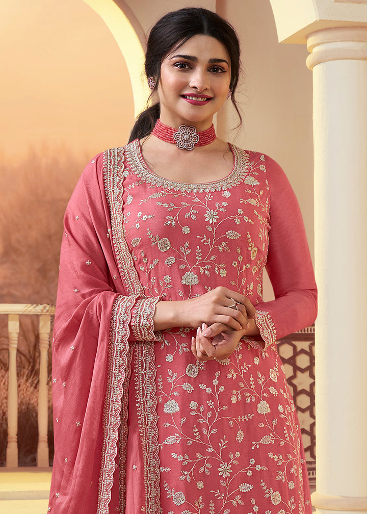 Dark Coral Pink Chinon Floral Embroidered Plazzo Suit By Qivii