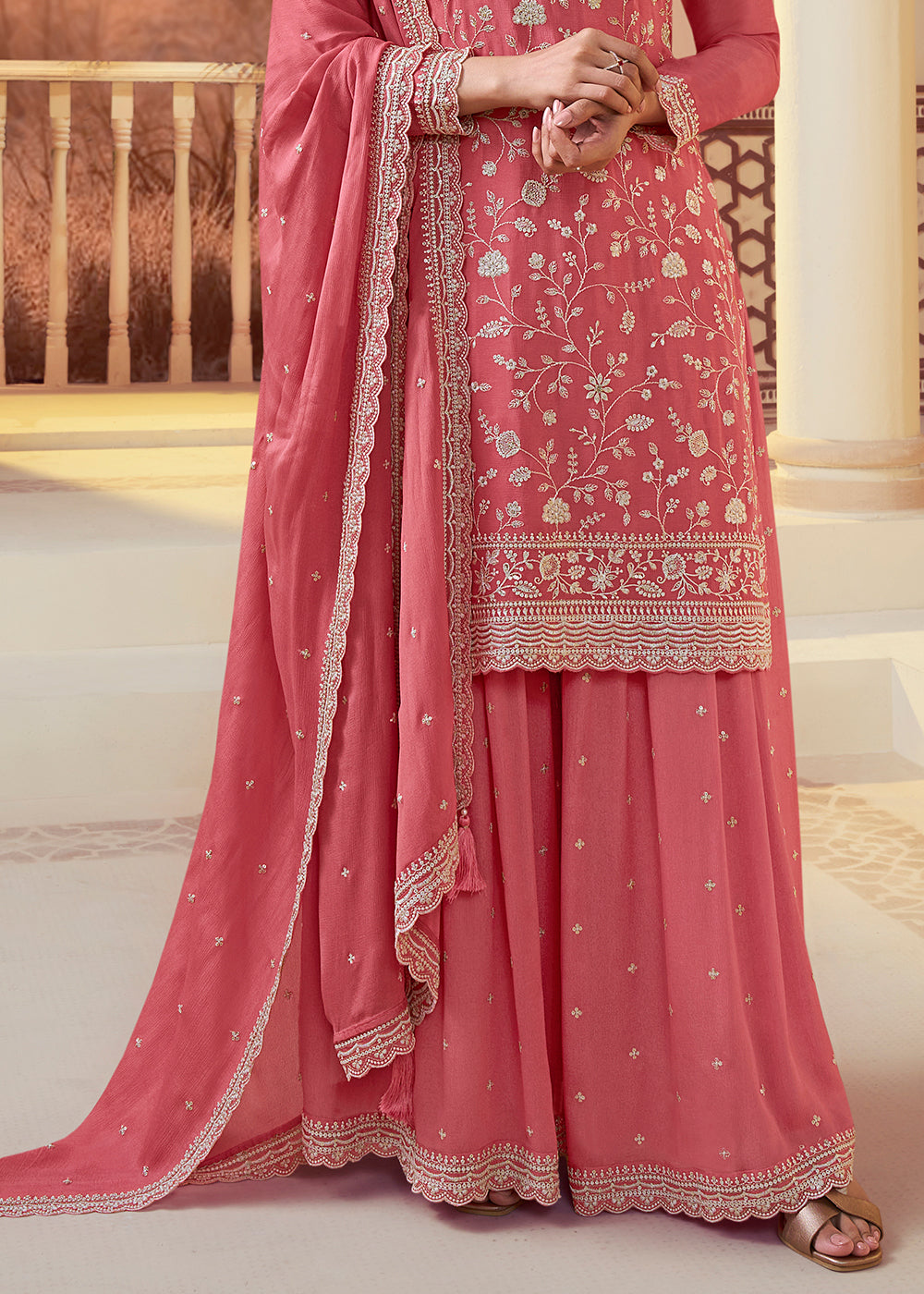 Dark Coral Pink Chinon Floral Embroidered Plazzo Suit By Qivii