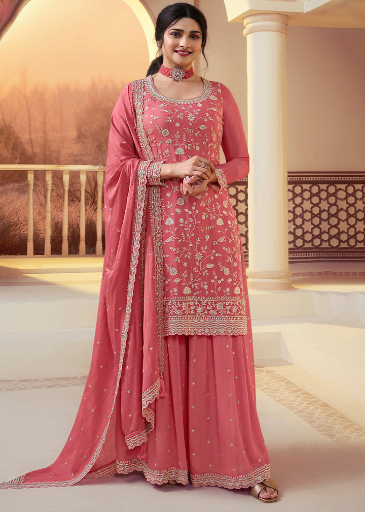 Dark Coral Pink Chinon Floral Embroidered Plazzo Suit By Qivii