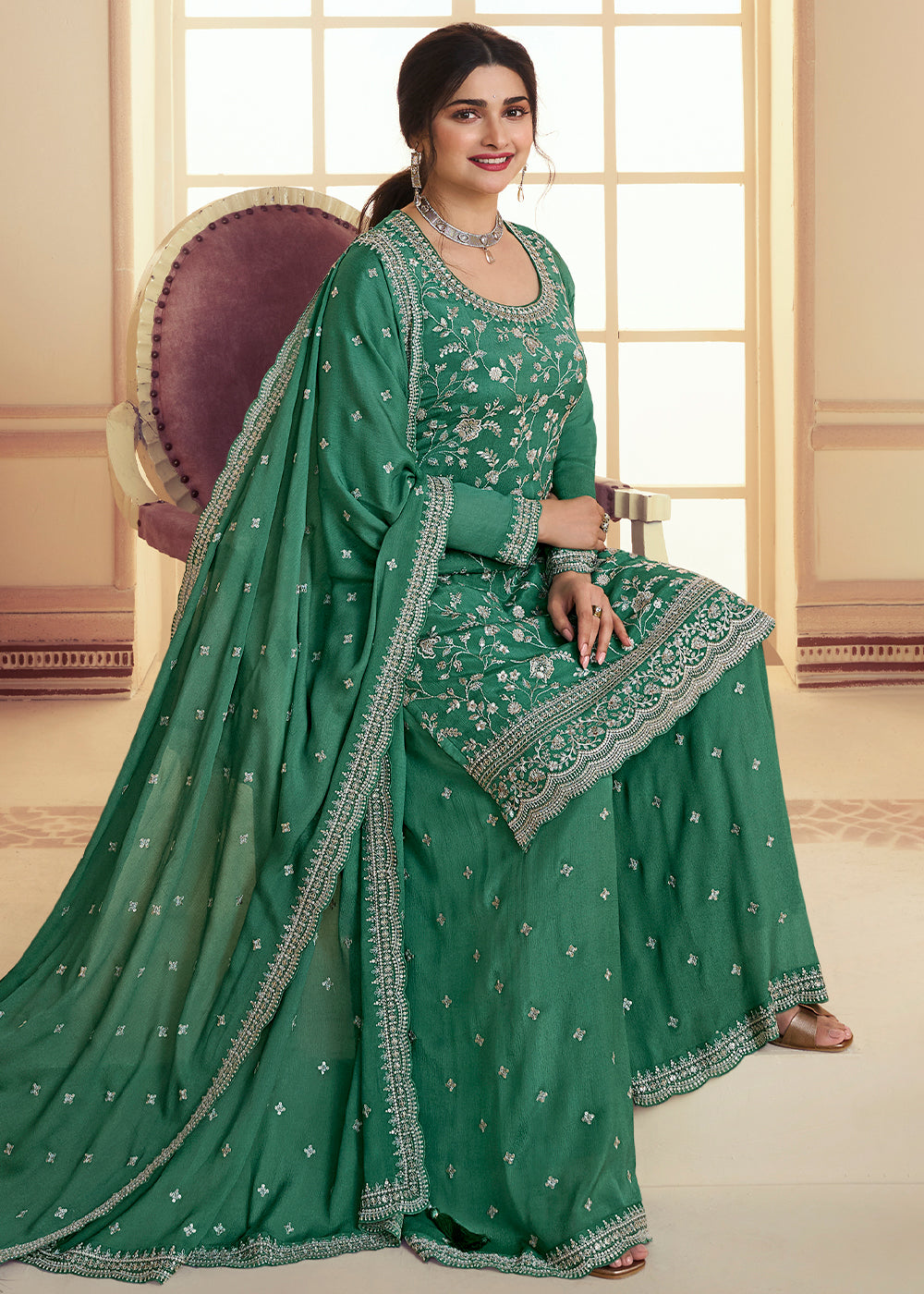 Dark Sea Green Chinon Floral Embroidered Plazzo Suit By Qivii