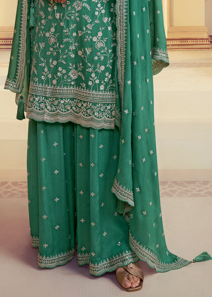 Dark Sea Green Chinon Floral Embroidered Plazzo Suit By Qivii