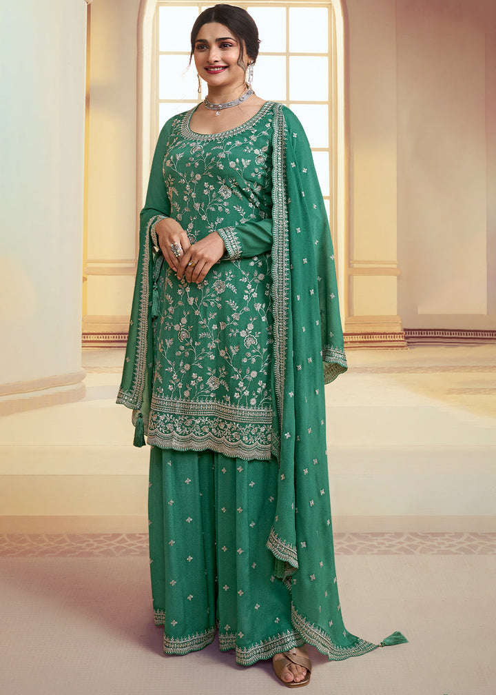 Dark Sea Green Chinon Floral Embroidered Plazzo Suit By Qivii