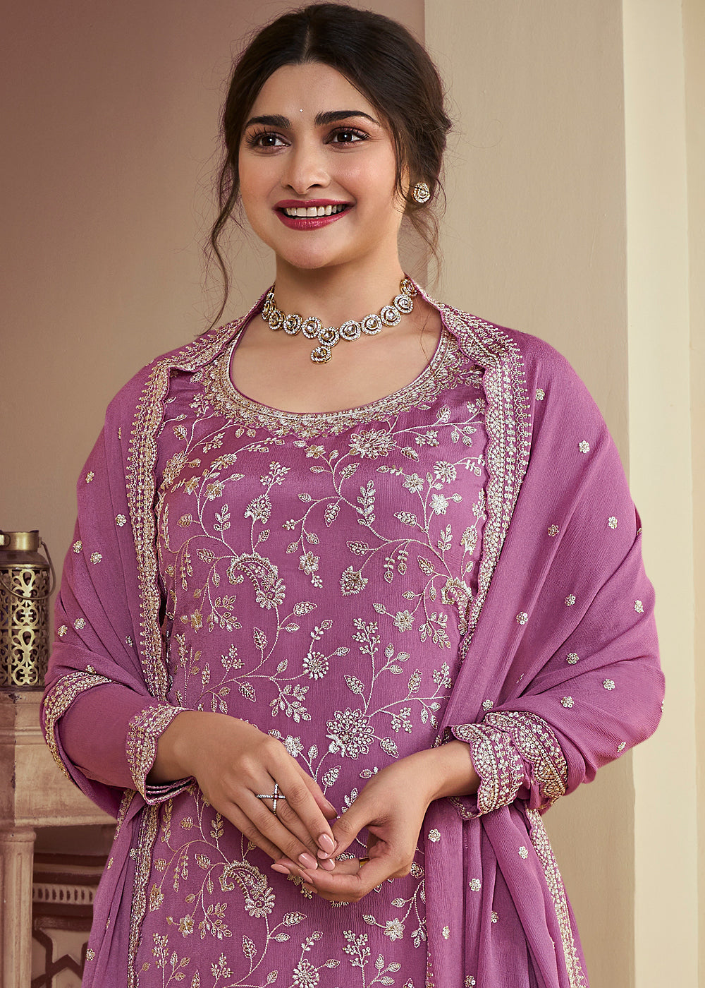 Thistle Purple Chinon Floral Embroidered Plazzo Suit By Qivii