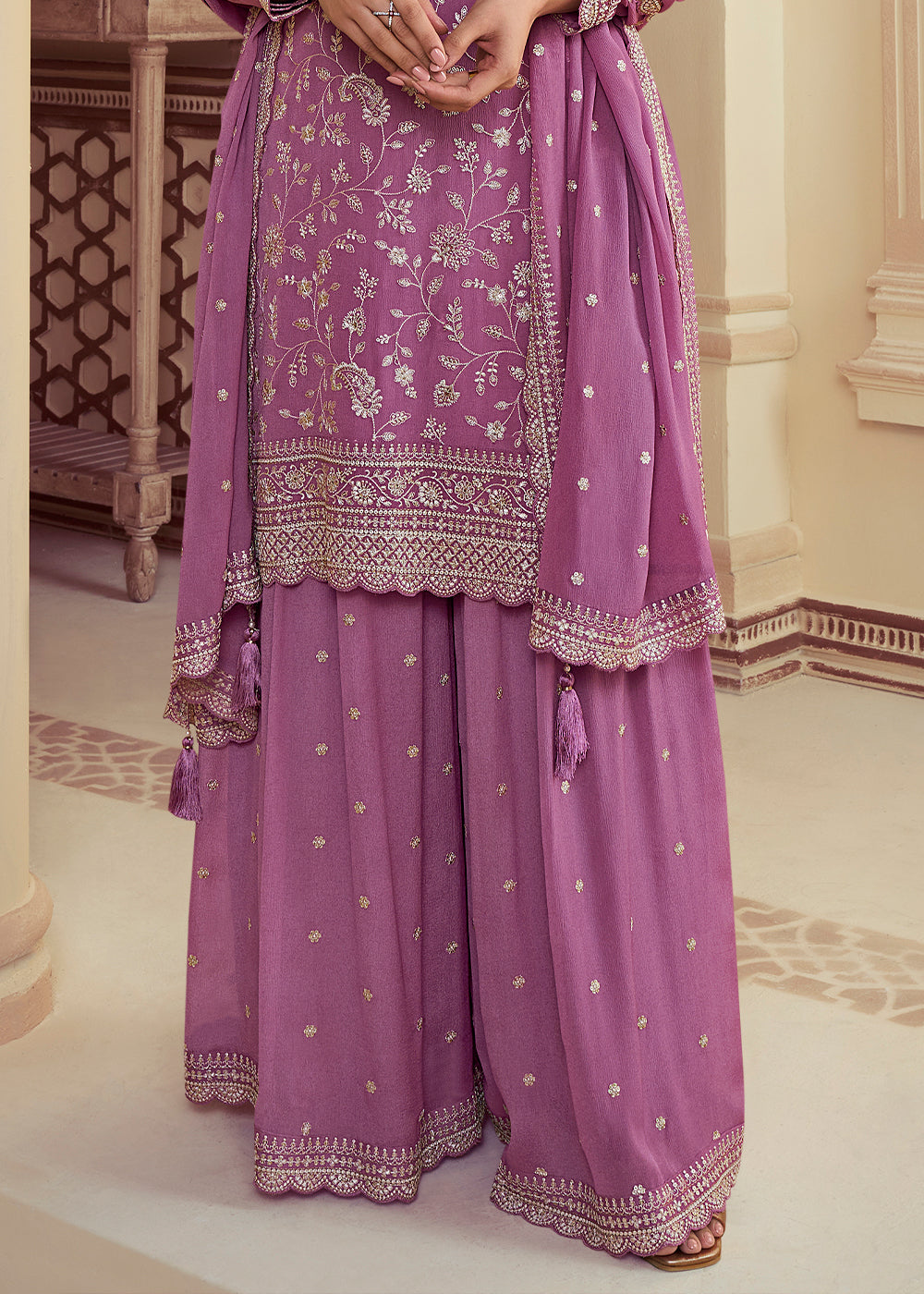 Thistle Purple Chinon Floral Embroidered Plazzo Suit By Qivii