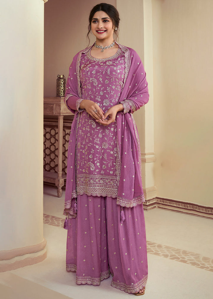 Thistle Purple Chinon Floral Embroidered Plazzo Suit By Qivii