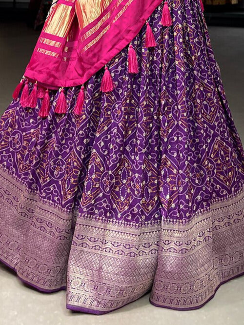 Viscose Dola Silk Printed With Zari Weaving Work Lehenga Choli in Purple Color