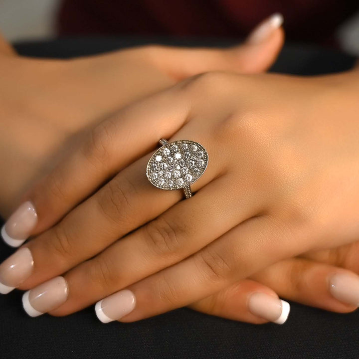 Hyma Diamond Stoned Rhodium Plated Victorian Ring with intricate floral design and sparkling gemstones