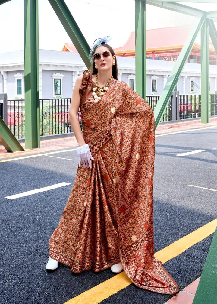 Brown Color Satin Crape With Baghru Style Digital Print Saree