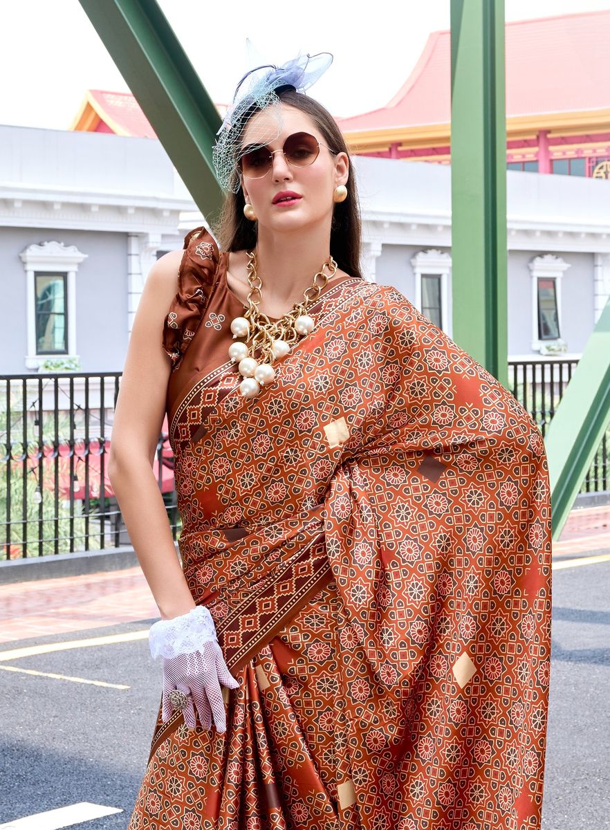 Brown Color Satin Crape With Baghru Style Digital Print Saree